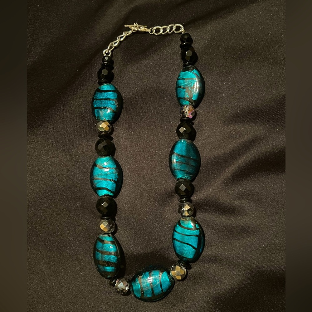 Large turquoise and black glass bead necklace